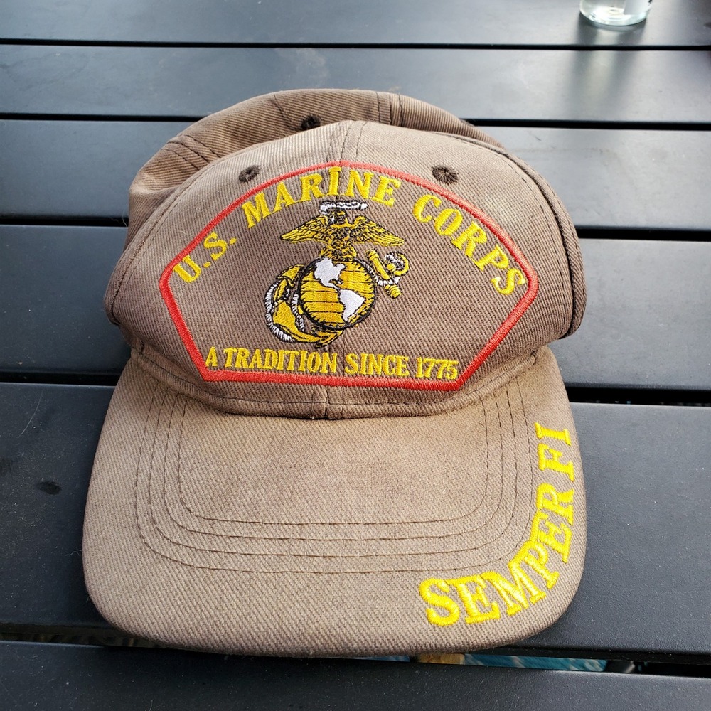 US Marine Corps USMC Semper Fi Always A Marine Embroidered Hat Tan Brown Cotton